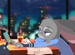  2020 anthro building city clothed clothing cup desk detailed_background disney fur furniture grey_body grey_fur half-closed_eyes head_tuft hi_res hydrabb inside judy_hopps lagomorph leporid mammal narrowed_eyes night pink_nose purple_eyes rabbit solo tuft window zootopia 