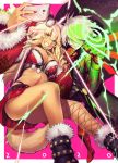  1boy 1girl animal_ear_fluff animal_ears bangs bare_shoulders bell bell_choker black_coat blonde_hair blue_eyes boots border brass_knuckles breasts cellphone choker cleavage coat colored_skin dark_skin dark_skinned_female detached_sleeves energy_wings fate/grand_order fate/grand_order_arcade fate_(series) fox_ears fox_girl fox_tail fur_trim gloves grin gyaru hair_over_one_eye hat highres karna_(fate) karna_(santa)_(fate) large_breasts long_hair looking_at_viewer phone pink_background red_footwear red_gloves santa_costume santa_hat self_shot short_hair smile suzuka_gozen_(fate) suzuka_gozen_(santa)_(fate) tail takenoko_seijin tan weapon white_border white_skin wide_sleeves wings 