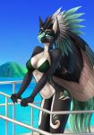  2018 absurd_res alpine_apotheon anthro bikini black_body black_feathers blue_eyes breasts clothed clothing countershade_torso countershading elvofirida equid equine feathered_wings feathers female hi_res looking_at_viewer mammal outside pegasus solo standing swimwear white_body white_feathers wings 