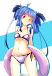  1girl alternate_hairstyle arms_behind_back ass_visible_through_thighs bangs bikini blue_bikini blue_hair blue_ribbon blush breasts commentary cowboy_shot eyebrows_visible_through_hair fang hair_ribbon hair_up hajime_kazuhito head_tilt highres holding holding_innertube innertube long_hair looking_at_viewer lyrical_nanoha mahou_shoujo_lyrical_nanoha mahou_shoujo_lyrical_nanoha_a&#039;s mahou_shoujo_lyrical_nanoha_a&#039;s_portable:_the_battle_of_aces material-l navel object_behind_back one_eye_closed purple_eyes ribbon side-tie_bikini small_breasts smirk solo standing string_bikini swimsuit teeth twintails 