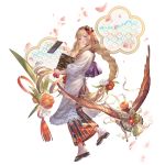  1girl athena_(granblue_fantasy) bird blonde_hair braid breasts cherry_blossoms flower full_body geta granblue_fantasy hair_flower hair_ornament hair_ribbon hairband holding kappougi long_hair looking_at_viewer looking_back medium_breasts obentou open_mouth purple_eyes ribbon socks transparent_background very_long_hair 