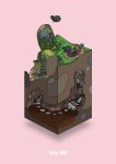  commentary_request diorama flying gozz highres isometric moss olmec_head original overgrown pink_background pot stairs stepping_stones underground 