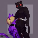  2020 5_fingers :3 abs anthro balls belt big_muscles black_balls black_body black_nipples black_penis blackbear blonde_hair bodily_fluids bottomwear clothed clothing domestic_cat duo epic_games erection felid feline felis fellatio fingers fortnite genitals grey_background hair hand_on_leg hi_res humanoid_genitalia humanoid_penis male male/male mammal meowscles_(fortnite) muscular muscular_anthro muscular_male nipples oral pants pecs penile penis purple_body red_eyes saliva scar scratches sex signature simple_background smile standing tongue tongue_out topless video_games 