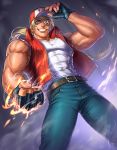  1boy abs bangs baseball_cap biceps blonde_hair blue_eyes denim fatal_fury fatal_fury_cap fingerless_gloves gloves hat iroha_(akei0710) jeans looking_down male_focus muscular muscular_male pants pectorals ponytail pose shoulders smile snk terry_bogard the_king_of_fighters thick_thighs thighs toned veins vest 