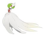  1girl apios1 bangs bare_shoulders bob_cut closed_mouth colored_skin commentary dress elbow_gloves flat_chest from_side full_body gardevoir gen_3_pokemon gloves green_hair hair_over_one_eye highres looking_at_viewer mega_gardevoir mega_pokemon pokemon pokemon_(creature) red_eyes shiny shiny_hair short_hair simple_background solo standing strapless strapless_dress white_background white_dress white_gloves white_skin 