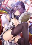  1girl akatsuki_hijiri alternate_costume breasts cherry_blossoms china_dress chinese_clothes cleavage commentary_request couch dress expressionless fan fate/grand_order fate_(series) feather_boa garter_straps highres large_breasts long_hair looking_at_viewer no_panties pelvic_curtain ponytail purple_eyes purple_hair purple_ribbon ribbon scathach_(fate)_(all) scathach_skadi_(fate/grand_order) signature sitting solo thighhighs 