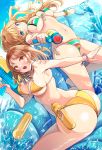  2girls aonaga_heri ass bikini bird blonde_hair blue_eyes bottle bracelet breasts brown_eyes cloud hair_ornament houjou_karen idolmaster idolmaster_cinderella_girls inflatable_chair jewelry large_breasts long_hair looking_at_viewer looking_back medium_breasts medium_hair multiple_girls ootsuki_yui open_mouth orange_hair outdoors pointing_at_another rainbow_bikini side-tie_bikini sky smile splashing swimsuit water water_bottle water_gun 