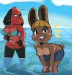  &lt;3 ... 2020 absurd_res animal_crossing anthro bikini bikini_top bonbon_(animal_crossing) bottomless bottomwear breasts canid canine canis cherry_(animal_crossing) cleavage clothed clothing domestic_dog duo ear_piercing female front_view genitals green_eyes hand_on_stomach happy hi_res lagomorph leaning leaning_forward leporid looking_at_viewer mammal navel navel_piercing nintendo nipples open_mouth open_smile outside partially_submerged piercing pussy rabbit samoyena shorts smile swimwear tailwag topless video_games water 