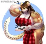  absurd_res anthro apron apron_only big_breasts big_muscles breasts clothing cookie eyes_closed felid female food hair hi_res huge_breasts huge_muscles inner_ear_fluff leopard mammal mostly_nude muscular muscular_anthro muscular_female pantherine ponytail razzberryboat solo tuft 