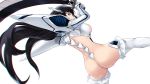  1girl ass black_hair blue_eyes breasts cait_aron commentary from_behind highres holding holding_sword holding_weapon junketsu katana kill_la_kill kiryuuin_satsuki long_hair medium_breasts sideboob simple_background solo sword thighhighs weapon white_background white_legwear 