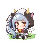  1girl alternate_costume animal_costume animal_ears animal_print bell bell_collar blush brown_eyes chibi collar commentary_request cow cow_costume cow_ears cow_girl cow_horns cow_print cow_tail cowbell crossed_arms eyebrows_visible_through_hair grass hair_ribbon hood hoodie horns kantai_collection kasumi_(kantai_collection) long_hair long_sleeves looking_at_viewer nueco remodel_(kantai_collection) ribbon side_ponytail silver_hair simple_background sitting solo sweatdrop tail white_background 