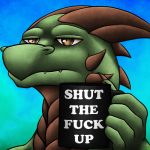  1:1 anthro beverage bloodshot_eyes coffee coffee_mug english_text green_body green_scales kobold low_res male profanity reaction_image reezythegarchomp scales solo text 