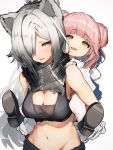  2girls absurdres animal_ears arknights bangs black_scarf blunt_bangs breasts carrying ceylon_(arknights) cleavage_cutout clothing_cutout commentary_request double_bun eyebrows_visible_through_hair hair_over_one_eye highres long_hair medium_breasts midriff multiple_girls navel pink_hair scarf schwarz_(arknights) short_hair shoulder_carry silver_hair simple_background stomach tab_head white_background yellow_eyes 