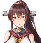  1girl blush breasts brown_eyes collar hair_between_eyes hair_intakes headgear kansho_(stm_735) kantai_collection large_breasts long_hair looking_at_viewer metal_collar navel ponytail simple_background solo upper_body white_background yamato_(kantai_collection) 