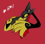  aegislash alternate_color apios1 black_sclera commentary full_body gen_6_pokemon highres looking_to_the_side no_humans number one-eyed pokedex_number pokemon pokemon_(creature) red_background shield shiny_pokemon simple_background sketch solo star_(symbol) sword weapon yellow_eyes 