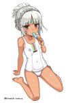  1girl altera_(fate) bangs benitsuki_tsubasa blunt_bangs dark_skin dark_skinned_female eating eyebrows_visible_through_hair fate/extella fate/extra fate_(series) flat_chest food looking_at_viewer one-piece_swimsuit popsicle red_eyes short_hair simple_background sitting solo swimsuit twitter_username wariza white_background white_hair white_swimsuit 