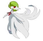 1girl apios1 bangs bare_shoulders bob_cut colored_skin commentary dress elbow_gloves flat_chest full_body gardevoir gen_3_pokemon gloves green_hair hair_over_one_eye highres looking_to_the_side mega_gardevoir mega_pokemon open_mouth pokemon pokemon_(creature) red_eyes shiny shiny_hair short_hair simple_background solo standing strapless strapless_dress white_background white_dress white_gloves white_skin 