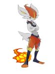  1boy animal_ears apios1 bunny_ears bunny_tail cinderace closed_mouth commentary crossed_arms fire full_body furry gen_8_pokemon highres looking_to_the_side male_focus paws pokemon pokemon_(creature) rabbit_boy red_eyes red_hair short_hair solo standing tail 