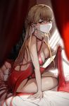  1girl absurdres bangs bed bed_sheet blonde_hair breasts cleavage dress dress_lift earrings eyebrows_visible_through_hair girls_frontline gun highres jewelry korean_commentary large_breasts lifted_by_self long_hair mask mouth_mask on_bed orange_eyes ots-14_(girls_frontline) red_dress sd_bigpie sitting solo weapon 