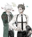  2boys ?? ahoge alternate_costume belt black_gloves black_neckwear black_pants brown_eyes brown_hair chest_harness coat collared_shirt commentary_request cowboy_shot crossed_arms danganronpa_(series) danganronpa_2:_goodbye_despair gloves green_coat gun hair_between_eyes handgun harness hinata_hajime holding holding_clothes holding_jacket holstered_weapon hood hood_down hooded_coat jacket komaeda_nagito long_sleeves looking_at_another looking_back male_focus multiple_boys necktie open_mouth pants pistol ppap_(11zhakdpek19) red_eyes shiny shiny_hair shirt shirt_tucked_in short_hair silver_hair translation_request weapon white_background 