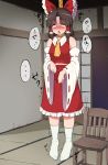  1girl absurdres asphyxiation bangs benikurage_(cookie) blush board_game bow brown_hair chair closed_mouth collar commentary_request cookie_(touhou) detached_sleeves eyebrows_visible_through_hair frilled_bow frilled_collar frills full_body hair_bow hair_tubes hakurei_reimu hanged highres indoors looking_up medium_hair necktie nose_blush orange_scarf pai_kebon_baa parted_bangs red_bow red_shirt red_skirt ribbon-trimmed_sleeves ribbon_trim ryona scarf shirt shougi skirt sleeveless sleeveless_shirt socks solo suicide tatami touhou translation_request trembling white_legwear white_sleeves wooden_chair yellow_neckwear yellow_scarf 