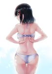  1girl adjusting_clothes adjusting_swimsuit ass bangs bikini black_hair from_behind gradient gradient_background haguro_(kantai_collection) hair_ornament head_tilt kansho_(stm_735) kantai_collection parted_lips short_hair side-tie_bikini simple_background solo sparkle swimsuit white_bikini 