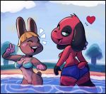  &lt;3 2020 animal_crossing anthro beach bikini bikini_top black_border bonbon_(animal_crossing) border bottomless bottomwear breasts canid canine canis cherry_(animal_crossing) cleavage clothed clothing cutoffs daisy_dukes denim denim_clothing domestic_dog duo ear_piercing eyes_closed female front_view genitals green_eyes happy hi_res hotpants lagomorph leporid looking_at_viewer looking_back looking_back_at_viewer mammal nintendo open_mouth open_smile outside partially_submerged piercing public_exposure pussy rabbit rear_view samoyena seaside shorts smile swimwear topless video_games water 