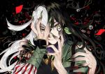  3boys ashiya_douman_(fate) asymmetrical_clothes asymmetrical_hair bell black_eyes black_hair curly_hair earrings evil_smile fate/grand_order fate_(series) fingernails green_eyeshadow green_kimono green_lipstick green_nails hair_bell hair_between_eyes hair_intakes hair_ornament hand_on_own_face hands_on_another&#039;s_shoulders japanese_clothes jewelry kimono lipstick long_hair looking_at_viewer magatama magatama_earrings makeup male_focus multicolored_hair multiple_boys open_clothes open_kimono ribbed_sleeves sharp_fingernails sindri smile two-tone_hair upper_body very_long_fingernails very_long_hair white_hair 