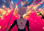  1boy bangs black_bodysuit blue_eyes bodysuit choker closed_mouth cloud fate/grand_order fate_(series) hair_over_one_eye highres holding holding_polearm holding_weapon hukahire0313 jewelry karna_(fate) light_particles light_smile looking_at_viewer male_focus outdoors pale_skin polearm short_hair single_earring sky solo twilight upper_body weapon white_hair 