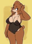  2019 anthro breasts brown_body brown_hair camel_toe cleavage clothed clothing female hair hand_behind_head hi_res lingerie looking_at_viewer mammal nipples petunia_(gabbah) portrait samoyena smile solo standing three-quarter_portrait translucent translucent_clothing ursid 