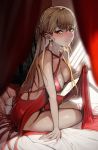  1girl absurdres bangs bed bed_sheet blonde_hair blush breasts cleavage dress dress_lift earrings eyebrows_visible_through_hair girls_frontline gun highres jewelry korean_commentary large_breasts lifted_by_self long_hair no_panties nose_blush on_bed orange_eyes ots-14_(girls_frontline) red_dress sd_bigpie sitting smile solo weapon 