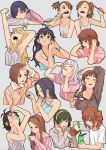  6+girls ahoge akizuki_ritsuko amami_haruka animal_print antenna_hair aqua_shirt armpits bare_shoulders blanket blonde_hair blue_eyes blue_hair blue_shirt blush bottle bow braid brown_eyes brown_hair brown_sweater brushing_teeth bunny_print cellphone closed_eyes cropped_torso drill_hair eating eyedrops eyewear_removed flip_phone futami_ami futami_mami ganaha_hibiki green_hair green_nails grey_background hagiwara_yukiho hair_bobbles hair_bow hair_ornament hairband highres holding holding_bottle holding_eyewear holding_pen holding_phone holding_spoon holding_toothbrush hoshii_miki idolmaster idolmaster_(classic) kikuchi_makoto kisaragi_chihaya long_hair minase_iori miura_azusa morning multiple_girls nail_polish open_mouth orange_shirt otonashi_kotori painting_nails pen phone pink_shirt pouring red_bow red_hairband scrunchie shijou_takane shima_(landsuzume) shirt short_hair short_ponytail short_sleeves simple_background spoon stretch sweater takatsuki_yayoi tank_top tearing_up toothbrush twin_drills twintails upper_body white_hair white_shirt wristband yawning yellow_hairband 