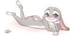  anthro arm_support blush disney ezumi_mh female fur grey_body grey_fur hi_res judy_hopps lagomorph leaning_on_elbow leporid looking_at_viewer lying mammal nude on_front purple_eyes rabbit simple_background smile solo white_background white_body white_fur zootopia 