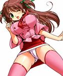  artist_request azusagawa_tsukino bow breasts brown_hair covered_nipples green_eyes large_breasts lowres miniskirt one_eye_closed panties pencil_skirt pink_shirt shirt skirt solo thighhighs two_side_up underwear white_panties yakitate!!_japan 