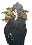  black_kimono grey_eyes grey_hair hypnosis_mic japanese_clothes jinguuji_jakurai kimono long_hair sun tree 