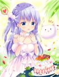  1girl 2021 :d angora_rabbit animal bangs bare_shoulders bitter_crown blue_eyes blue_hair blurry blurry_background blush bunny cake collarbone commentary_request depth_of_field dress eyebrows_visible_through_hair food fruit gochuumon_wa_usagi_desu_ka? hair_between_eyes hands_up heart kafuu_chino kiwi_slice kiwifruit long_hair notice_lines one_side_up open_mouth petals smile sparkle spoken_heart standing strapless strapless_dress strawberry tippy_(gochiusa) very_long_hair white_dress 