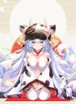  1girl absurdres animal_ears animal_print blue_hair breasts cleavage cow_ears cow_hood cow_horns cow_print detached_sleeves draph earrings granblue_fantasy highres horns jewelry large_breasts long_hair looking_at_viewer navel red_eyes shatola_(granblue_fantasy) shionji_ax sitting solo very_long_hair wariza white_legwear wide_sleeves 