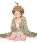  1boy ahoge ai_(meira32373165) bangs blush brown_eyes child closed_mouth coat collarbone commentary_request cosplay danganronpa_(series) danganronpa_2:_goodbye_despair frown green_coat grey_background grey_shirt hinata_hajime hood hood_down hooded_coat komaeda_nagito komaeda_nagito_(cosplay) long_sleeves looking_at_viewer male_focus open_clothes oversized_clothes print_shirt shirt short_hair simple_background sitting sleeves_past_fingers sleeves_past_wrists solo spiked_hair wariza younger 