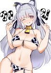  1girl 2021 ;q absurdres animal_ears animal_print aruvina_(gu_luco) ass_visible_through_thighs bare_arms bare_shoulders bell bikini blush breasts cat_ears chinese_zodiac cleavage closed_mouth cow_print cowbell cowboy_shot front-tie_bikini front-tie_top groin gu_luco hair_ribbon halter_top halterneck hands_up highres large_breasts long_hair looking_at_viewer navel new_year nose_blush one_eye_closed original red_eyes ribbon side-tie_bikini silver_hair smile solo stomach string_bikini swimsuit thigh_gap tongue tongue_out twintails v white_bikini year_of_the_ox 