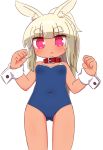  1girl animal_ear_fluff animal_ears ass_visible_through_thighs bangs bare_shoulders blonde_hair blue_swimsuit blush breasts bunny_ears collar covered_navel dark_skin eyebrows_visible_through_hair heart heart-shaped_pupils high_ponytail highres long_hair looking_at_viewer masurao_(sekaiju) naga_u one-piece_swimsuit parted_lips pink_eyes ponytail red_collar sekaiju_no_meikyuu sekaiju_no_meikyuu_5 short_eyebrows sidelocks simple_background small_breasts solo standing swimsuit symbol-shaped_pupils thick_eyebrows white_background wrist_cuffs 
