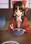  1girl ascot bow brown_eyes brown_hair chopsticks eating food frilled_bow frills hair_bow hakurei_reimu highres holding holding_chopsticks indoors japanese_clothes kanpa_(campagne_9) kimono long_hair long_sleeves mortar noodles pov ramen red_bow red_kimono shouji sliding_doors solo table tatami touhou wide_sleeves winter_clothes 