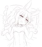  1girl :d animal_ear_fluff animal_ears bangs bare_shoulders bed_sheet blush bunny_ears collar collarbone eyebrows_visible_through_hair frilled_pillow frills greyscale hands_up head_tilt heart highres leotard long_hair looking_at_viewer lying masurao_(sekaiju) monochrome naga_u on_back open_mouth pillow ponytail sekaiju_no_meikyuu sekaiju_no_meikyuu_5 short_eyebrows simple_background sketch smile solo strapless strapless_leotard thick_eyebrows white_background wrist_cuffs 