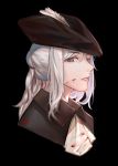  1girl absurdres ascot black_background blood blood_on_face blood_splatter blood_stain bloodborne bloody_clothes close-up eyebrows_visible_through_hair grey_eyes hat hat_feather highres lady_maria_of_the_astral_clocktower long_hair looking_at_viewer milu_(pixiv8523021) open_mouth ponytail simple_background solo the_old_hunters tricorne white_hair 