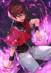  1boy aura belt chris_(kof) evil_eyes evil_smile fire hungry_clicker jewelry leotard male_focus necklace open_mouth orochi_chris pants red_eyes simple_background smile solo spiked_hair the_king_of_fighters 