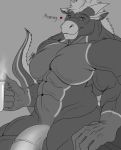  &lt;3 2020 5_fingers abs anthro big_muscles dialogue digital_media_(artwork) dragon english_text fingers genitals greyscale hi_res holding_mug huge_muscles huge_pecs humanoid_hands male mane monochrome muscular muscular_anthro muscular_arms muscular_male nighdruth_(character) pecs penis scalie talking_to_viewer text western_dragon zawn 