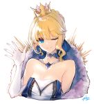  1girl ahoge artoria_pendragon_(all) bangs bare_shoulders blonde_hair blue_dress blue_eyes breasts cleavage closed_mouth commentary_request crown dress elbow_gloves eyebrows_visible_through_hair fate/grand_order fate_(series) gloves green_eyes hair_ribbon highres jazztaki looking_at_viewer medium_breasts one_eye_closed ribbon saber signature sleeveless sleeveless_dress smile solo strapless strapless_dress upper_body white_background white_dress white_gloves 