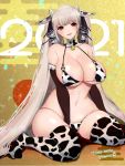  1girl 2021 :d animal_ears animal_print azur_lane bangs bare_shoulders bikini black_sleeves blush breasts cleavage commentary_request cow_ears cow_horns cow_print detached_sleeves eyebrows_visible_through_hair fake_animal_ears fake_horns formidable_(azur_lane) full_body grey_hair hachimitsu_hinako highres horns large_breasts long_hair looking_at_viewer midriff navel open_mouth sidelocks signature sitting skindentation smile solo swimsuit thighhighs twintails very_long_hair wariza white_bikini white_legwear yellow_background 