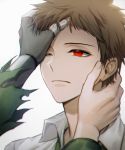  2boys brown_hair close-up closed_mouth collared_shirt commentary_request danganronpa_(series) danganronpa_2:_goodbye_despair face green_neckwear hands_on_another&#039;s_face hinata_hajime komaeda_nagito male_focus multiple_boys one_eye_closed portrait ppap_(11zhakdpek19) red_eyes shirt short_hair simple_background solo_focus white_background white_shirt 