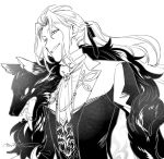  1boy animal_ears costume_request fate/grand_order fate_(series) feather_boa from_side greyscale highres long_hair looking_at_viewer male_focus monochrome official_alternate_costume rapizuri smile tied_hair very_long_hair white_background wolf wolf_ears wolfgang_amadeus_mozart_(fate/grand_order) 