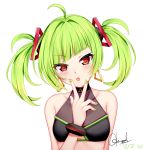  1girl :o absurdres ahoge bangs bare_shoulders blush breasts chrisandita collarbone commentary copyright_request covered_collarbone crop_top dated delutaya diagonal_bangs earrings eyebrows_visible_through_hair green_hair green_nails head_tilt highres indie_virtual_youtuber jewelry looking_at_viewer nail_polish parted_lips red_eyes signature simple_background small_breasts solo twintails upper_body v_over_mouth virtual_youtuber white_background 